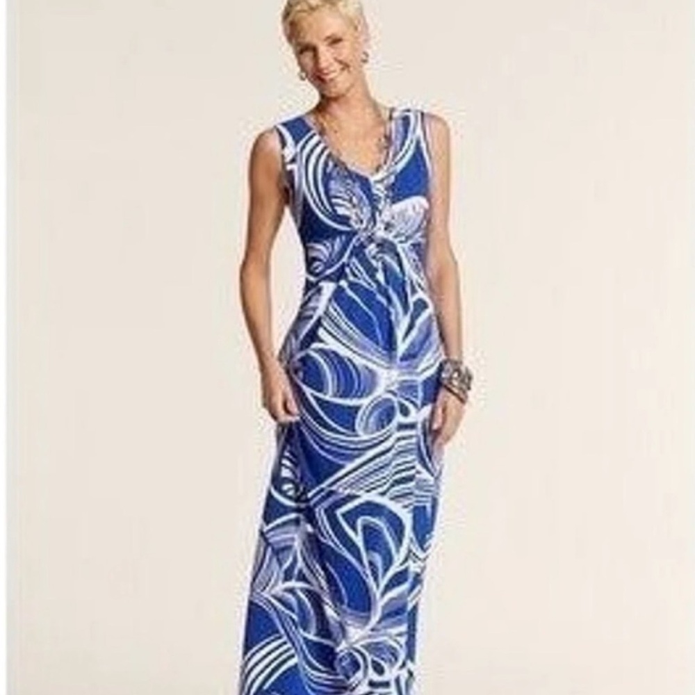 Chico’s Maxi Dress Cotton Abstract Print Sleeveless V Neck Empire Waist 1 Medium